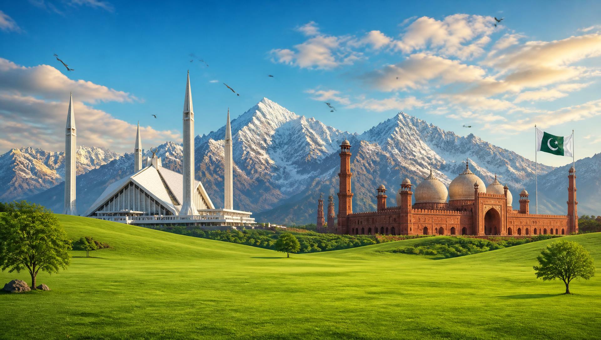 Faisal Mosque and Badshahi Mosque with green meadows and snow mountains