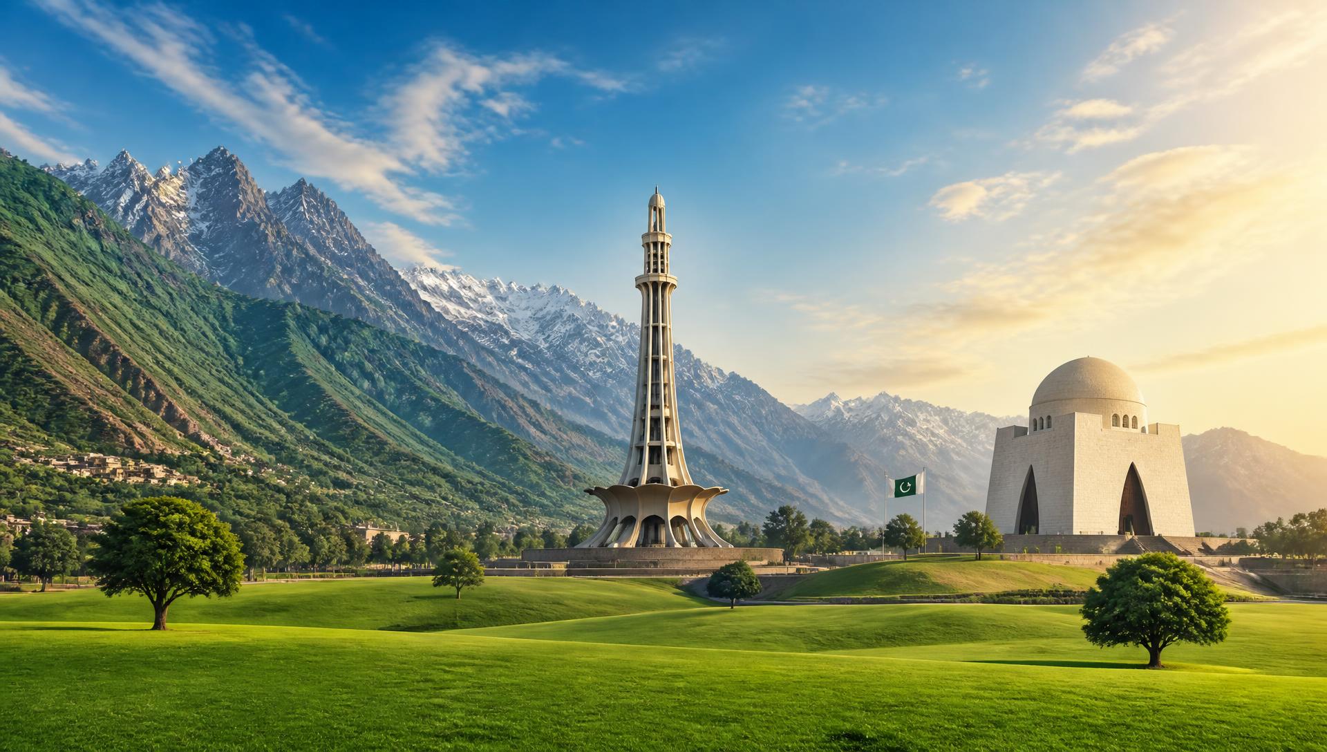 Minar-e-Pakistan and Mazar-e-Quaid with open green hills
